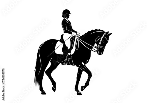 Dynamic equestrian rider and horse vector silhouette performing elegant dressage movements isolated on a clean white background
