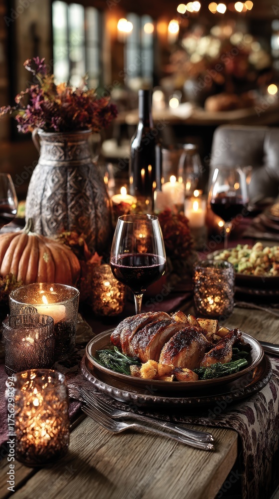 Naklejka premium A bountiful autumn harvest table adorned with vibrant orange pumpkins