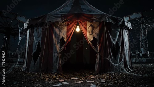 Abandoned Carnival Tent at Night with Eerie Atmosphere and Light