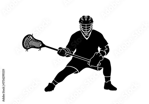 Dynamic vector silhouette of a male lacrosse player in an aggressive stance ready for game action