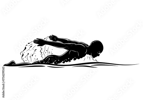 Dynamic vector silhouette of a male swimmer performing the butterfly stroke with powerful water splashes