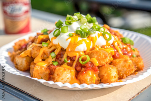 Delicious loaded tater tots topped with cheese sour cream and chives delicious street food