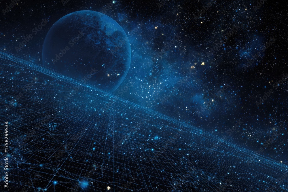 Fototapeta premium Digitized planet, network, and starry cosmos. A distant world is set against the grid