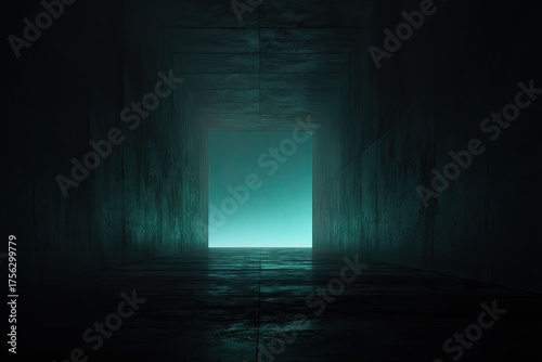 A dim, enclosed corridor with textured walls leads to a glowing, ethereal opening. Dark, surreal ambiance