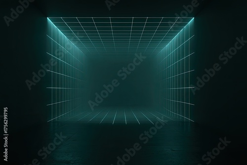 Abstract, geometric teal-lit corridor with a grid overhead, shrouded in atmospheric haze