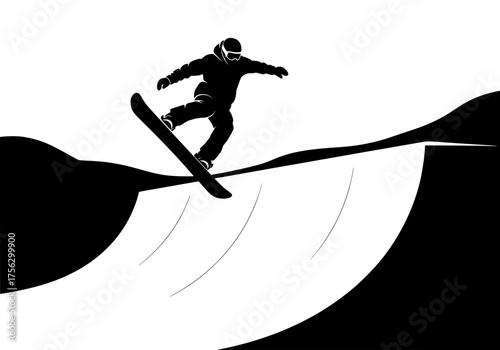 Dynamic vector silhouette of a snowboarder jumping high off a half-pipe in an exciting winter sports illustration