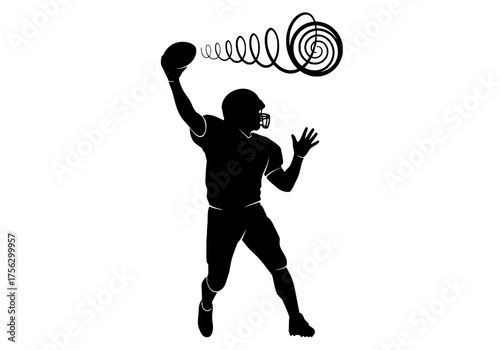 Dynamic vector silhouette of an American football quarterback throwing a powerful pass with swirling motion trail