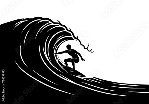 Dynamic vector silhouette of a surfer riding a powerful ocean wave an exciting watersport activity