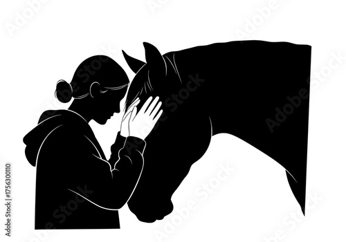 Emotional vector silhouette of a woman gently caressing a horse head symbolizing deep love and companionship
