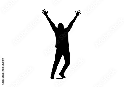 Energetic person vector silhouette with both arms raised high expressing triumph joy or freedom isolated on white