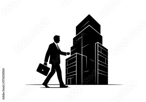 Executive businessman walking with briefcase towards a contemporary corporate building vector silhouette graphic