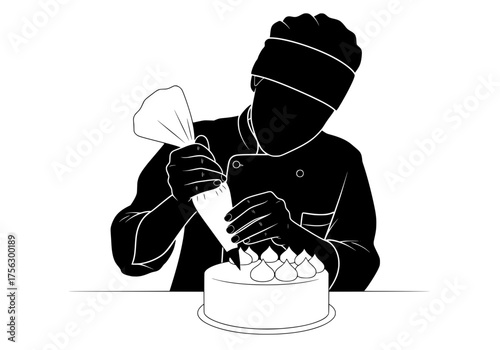 Expert baker decorating a dessert cake with an icing piping bag vector silhouette graphic isolated on a white background