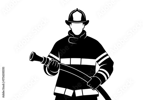 Firefighter vector silhouette holding a fire hose front view emergency services professional graphic illustration