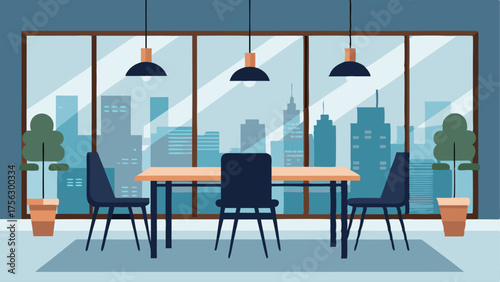 A dining area with a minimalist wooden table and black chairs surrounded by large windows overlooking a cityscape.