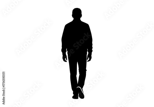 Full body vector silhouette of a person walking away viewed from behind on a clean isolated white background