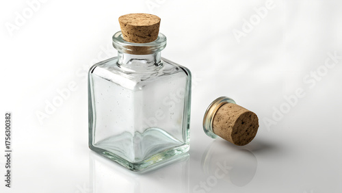 transparent glass bottle with cork isolated 