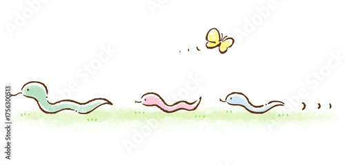 水彩タッチで描いたかわいいヘビの親子とちょうちょのイラスト