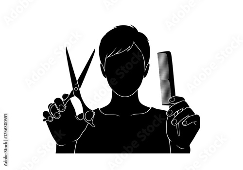 Hairdresser silhouette vector graphic holding styling scissors and comb for barbershop or salon services