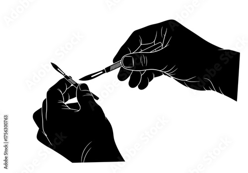 Human hands holding a scalpel vector silhouette graphic for surgical medical and scientific illustration projects