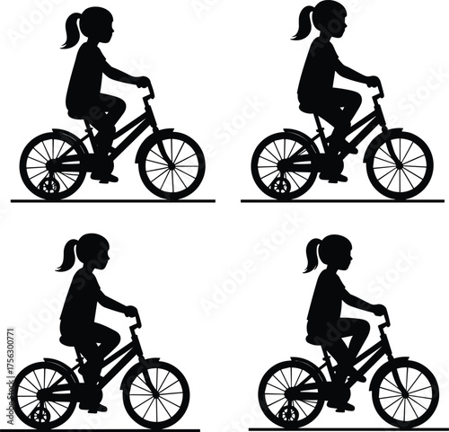 Silhouette collection of young girl riding bicycle in various poses, black vector illustration of kid cycling, outdoor activity, healthy lifestyle concept