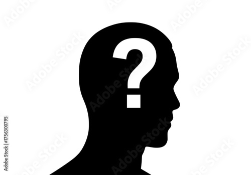 Human head profile vector silhouette featuring a question mark symbolizing confusion doubt and the unknown concept isolated.