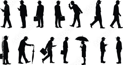 Business figure silhouette vector set, formal attire poses, walking and standing icons, briefcase, umbrella, mobile device, urban lifestyle graphics