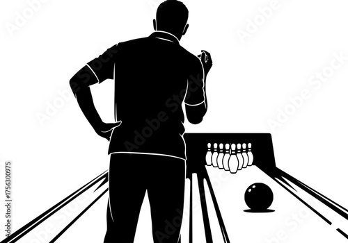 Male bowler vector silhouette focused on the pins preparing to roll the ball on a bowling lane during a game