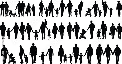 Family silhouette vector set, parents and children walking, stroller icons, caregiving graphics, black human figures, everyday life illustration