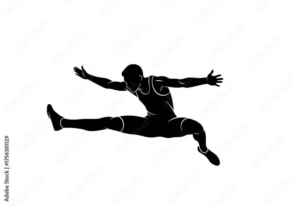 Fototapeta premium Male long jumper vector silhouette in mid air performing a powerful athletic broad jump action isolated on white