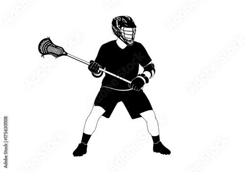 Male lacrosse player vector silhouette holding a stick in an athletic ready stance for sports and team designs
