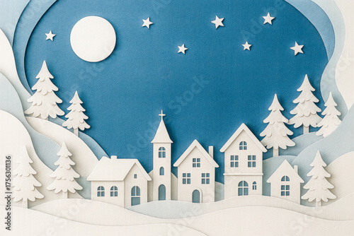 Horizontal illustration of peaceful snowy paper cut village under moonlight, featuring houses, church, stars, and pine trees — representing serenity, togetherness, and the Christmas spirit.