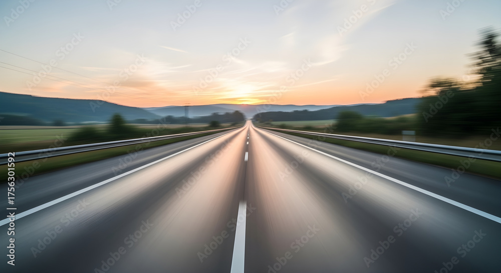 Naklejka premium A long, straight road stretches into the distance, leading towards a beautiful sunset.