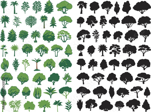 Tree silhouette and foliage vector set, botanical illustration pack, green and black tree icons, landscape design elements, nature graphics