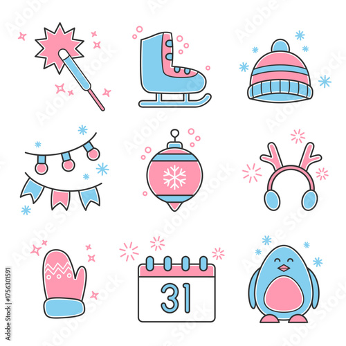 Christmas icon set. Color red and blue. Sparkler, skates, cap, ightbulb, toy, mitten, calendar, penguin.  A collection of high-quality holiday pictograms in a modern flat style. Vector illustration
