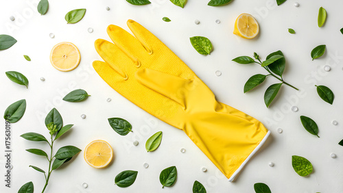 yellow rubber glove flat lay white background 