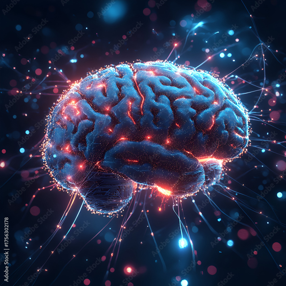 Fototapeta premium Neon Cybernetic Brain, Neon Brain, Cybernetic Brain, Futuristic Brain Design, Digital Brain Concept, Neon Digital Brain, AI Enhanced Brain