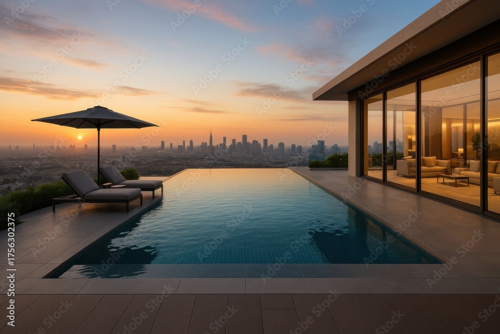 Fototapeta premium Luxurious infinity pool at sunset with city skyline backdrop