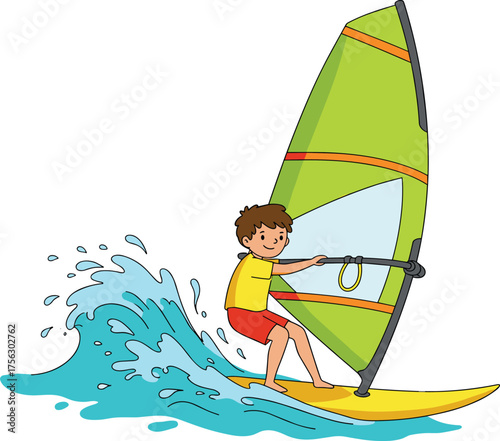 Young boy enjoying windsurfing on lake, summer adventure, riding yellow board, water splashing, wearing a yellow shirt, active kids sport illustration.