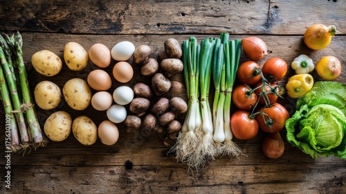 Fresh vegetables and eggs arranged on a rustic wooden surface