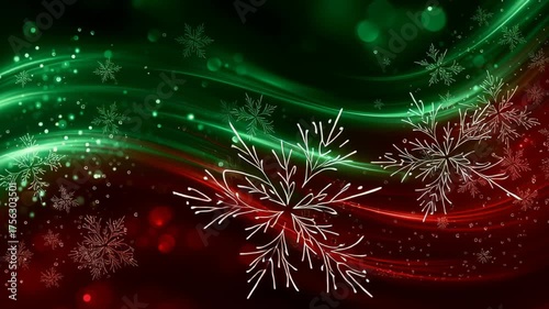 Bright flowing waves in green and red create a lively abstract background with snowflakes scattered throughout. Ideal for holiday cards, event promotions, and festive decorations