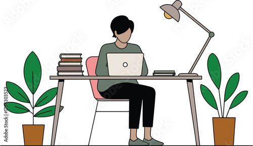 Young person working on laptop at desk surrounded by plants and books illustration