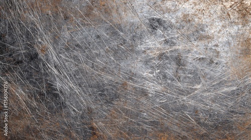 A close up of a weathered metal plate covered in a chaotic pattern of deep scratches revealing shiny silver under a layer of grime and rust