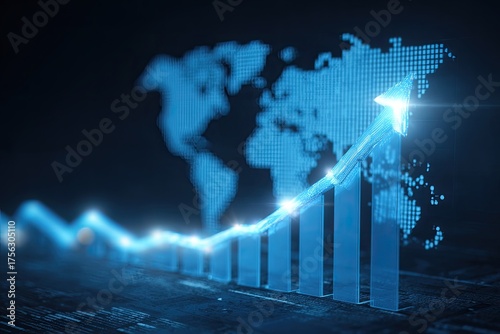An upward-trending arrow visualizes global growth behind a world map in blue tones