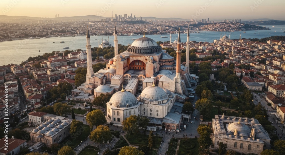 Naklejka premium Aerial drone view of Hagia Sophia and Bosphorus, Istanbul