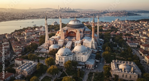Aerial drone view of Hagia Sophia and Bosphorus, Istanbul