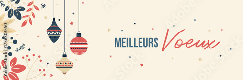 Bannière de Noël et Nouvel An – Illustration vectorielle avec “Meilleurs vœux”, boules décoratives et motifs végétaux d’hiver