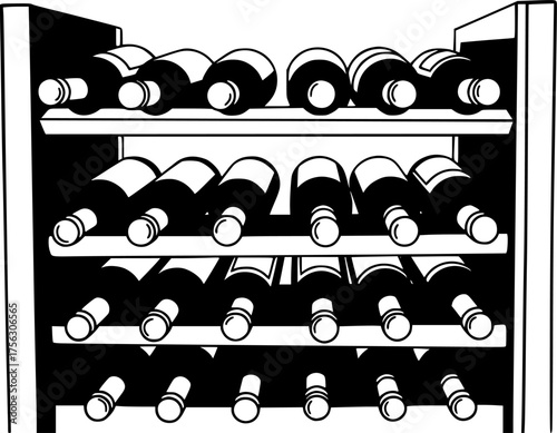 black and white drawing of a wine rack filled with wine bottles