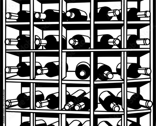 black and white drawing of a wine rack filled with wine bottles