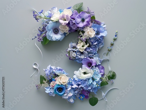 An elegant floral number three composed of blue, pink, and white hydrangeas, roses, and filler flowers with green foliage and a trailing white ribbon, on soft gray background