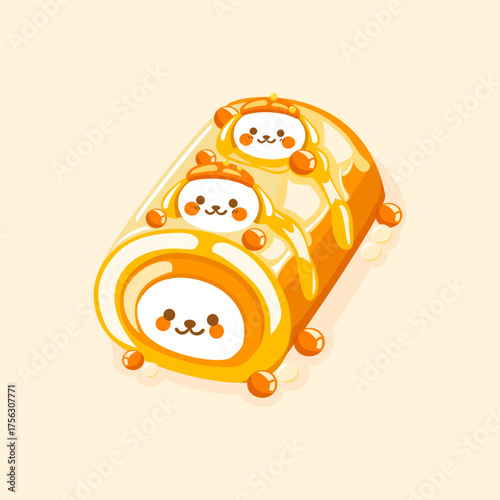 Rolled sponge cake with dog pattern design, perfect for dessert illustrations, kawaii art, and bakery branding. Cute Flat Illustration.